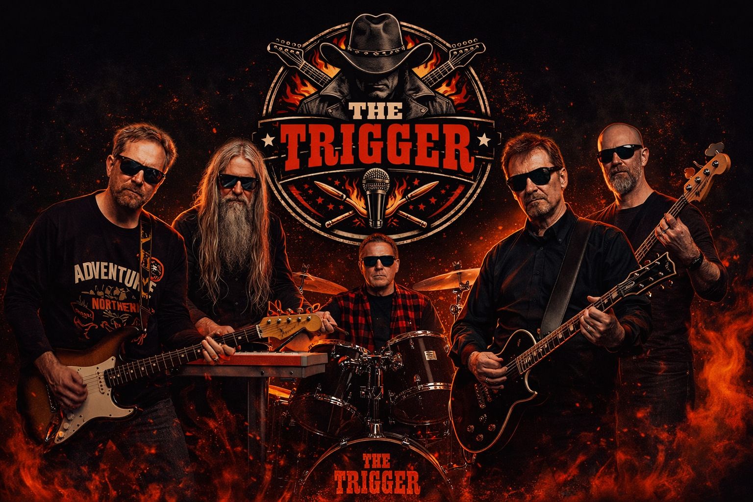 The Trigger band members with guitars in front of a wall of fire